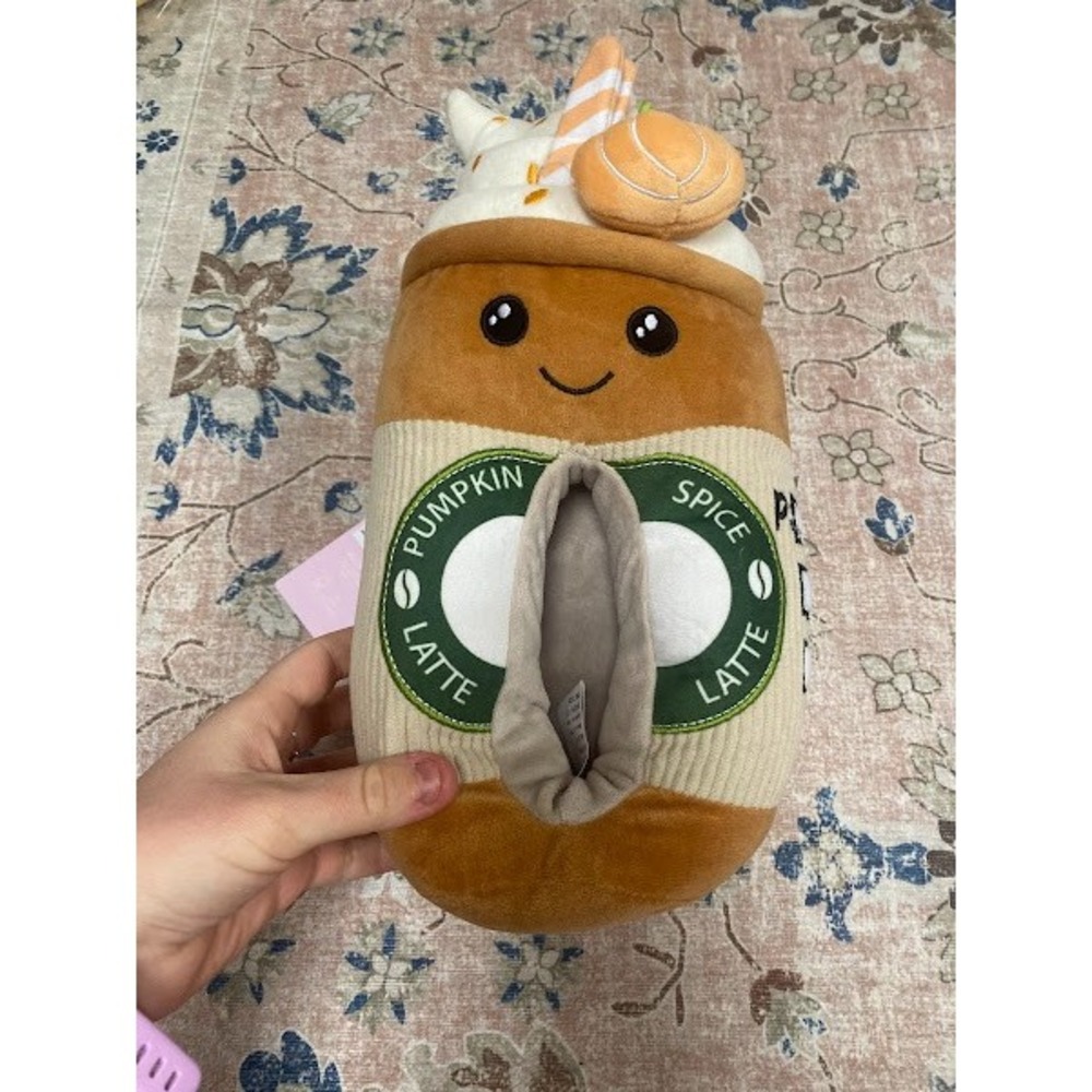 Feetmoji Pumpkin Spice Latte Plush Slippers Orange Tan Brown Womens Size 7-8 NEW